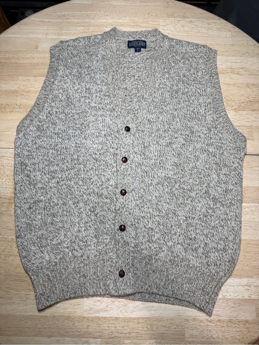 Vintage Lands End Tan Wool Sweater Vest Made In USA 80s Mens Large Preppy Knit